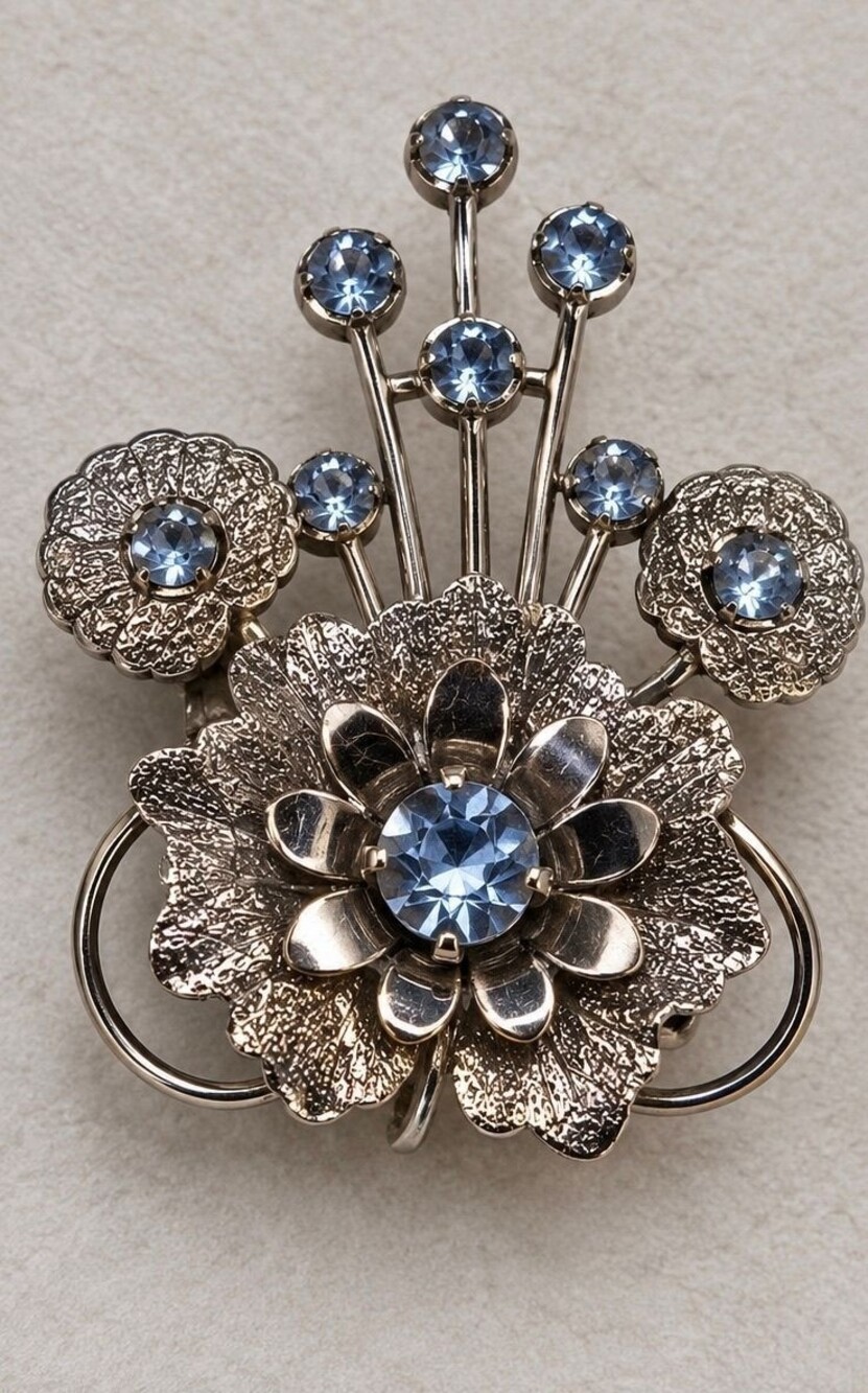 Vintage Blue Rhinestone Floral Spray Brooch – Silver Tone